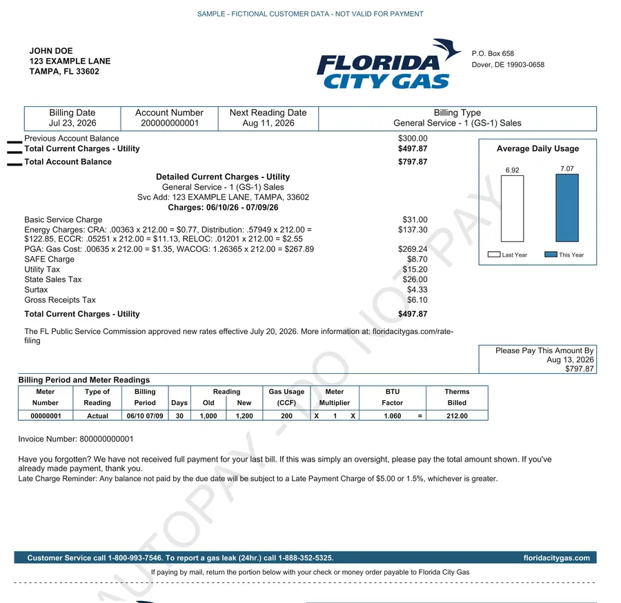 Sample Florida City Gas bill